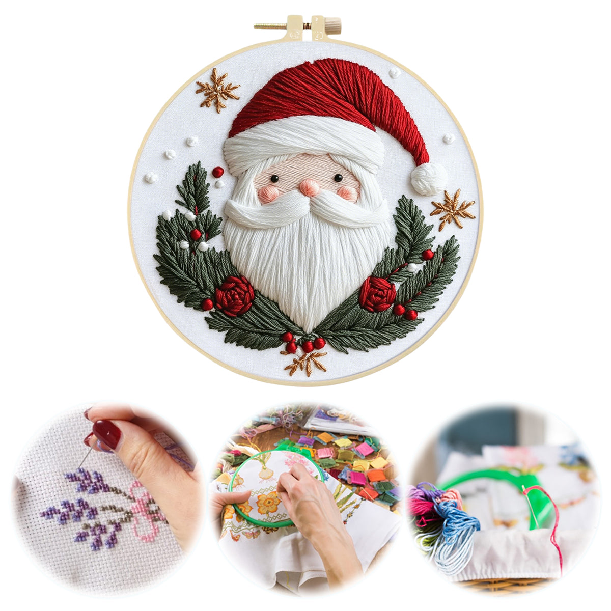 Weihnachts-Stickerei – DIY-Stickset Kreuzstich mit Muster, Baumwollgarnen, Nadeln und Stickrahmen 30×30 cm