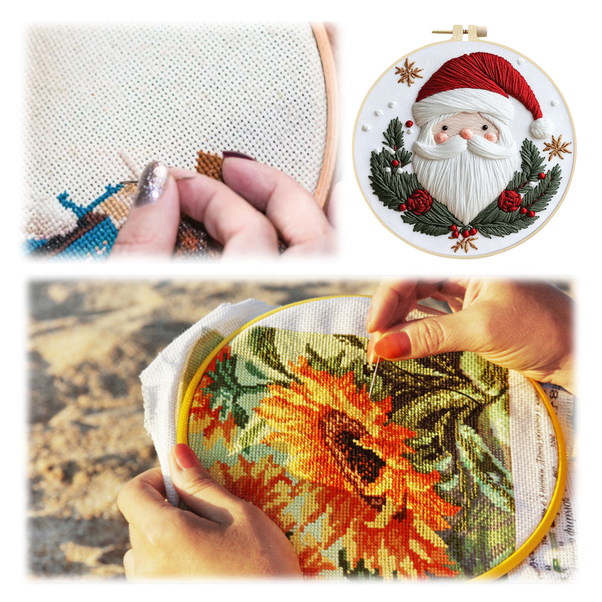 Weihnachts-Stickerei – DIY-Stickset Kreuzstich mit Muster, Baumwollgarnen, Nadeln und Stickrahmen 30×30 cm