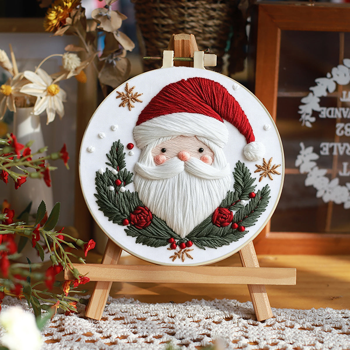 Weihnachts-Stickerei – DIY-Stickset Kreuzstich mit Muster, Baumwollgarnen, Nadeln und Stickrahmen 30×30 cm