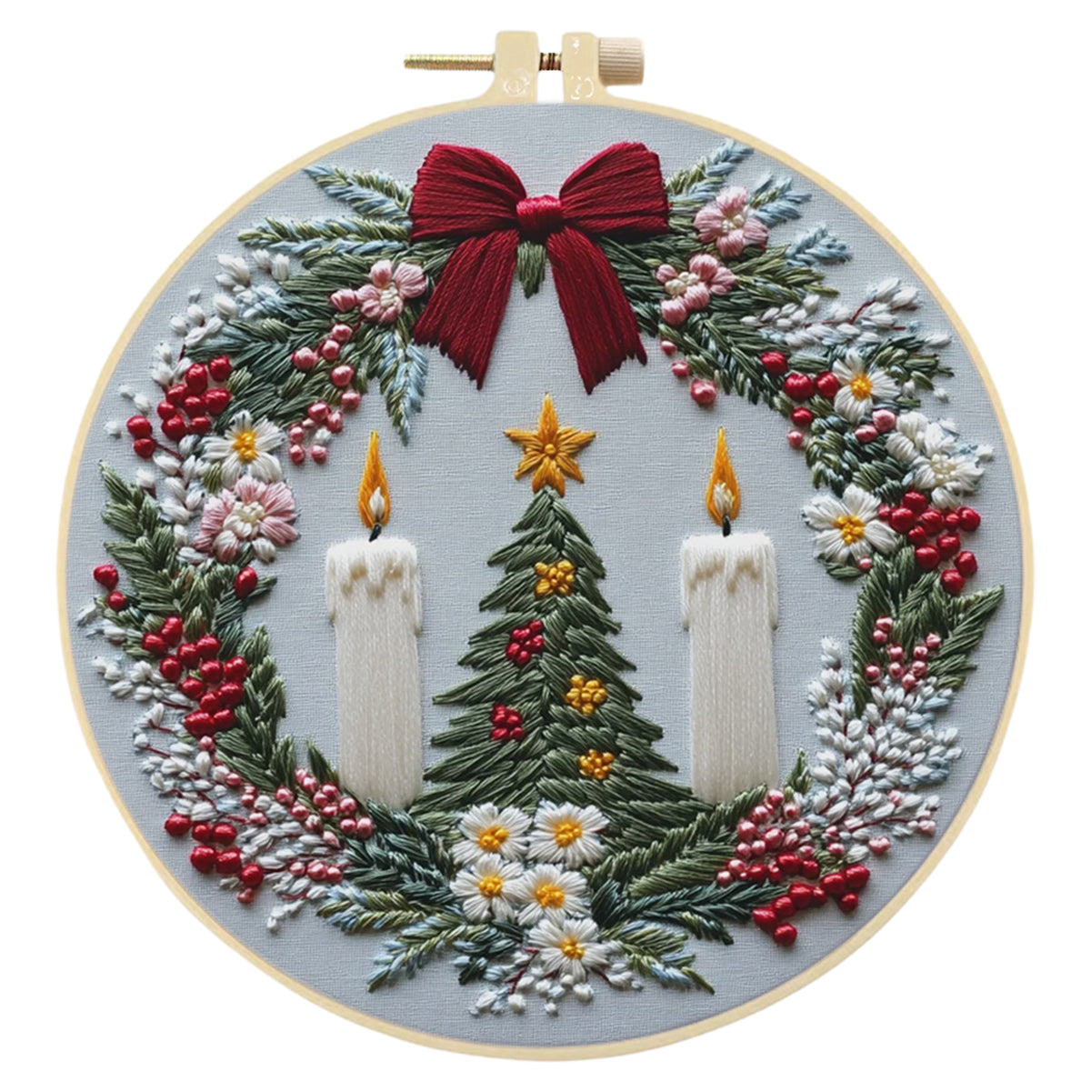 Xmas Wreath - DIY Embroidery Cross Stitch Kit with Pattern Cotton Threads Needles Hoop 30×30CM/11.81×11.81in