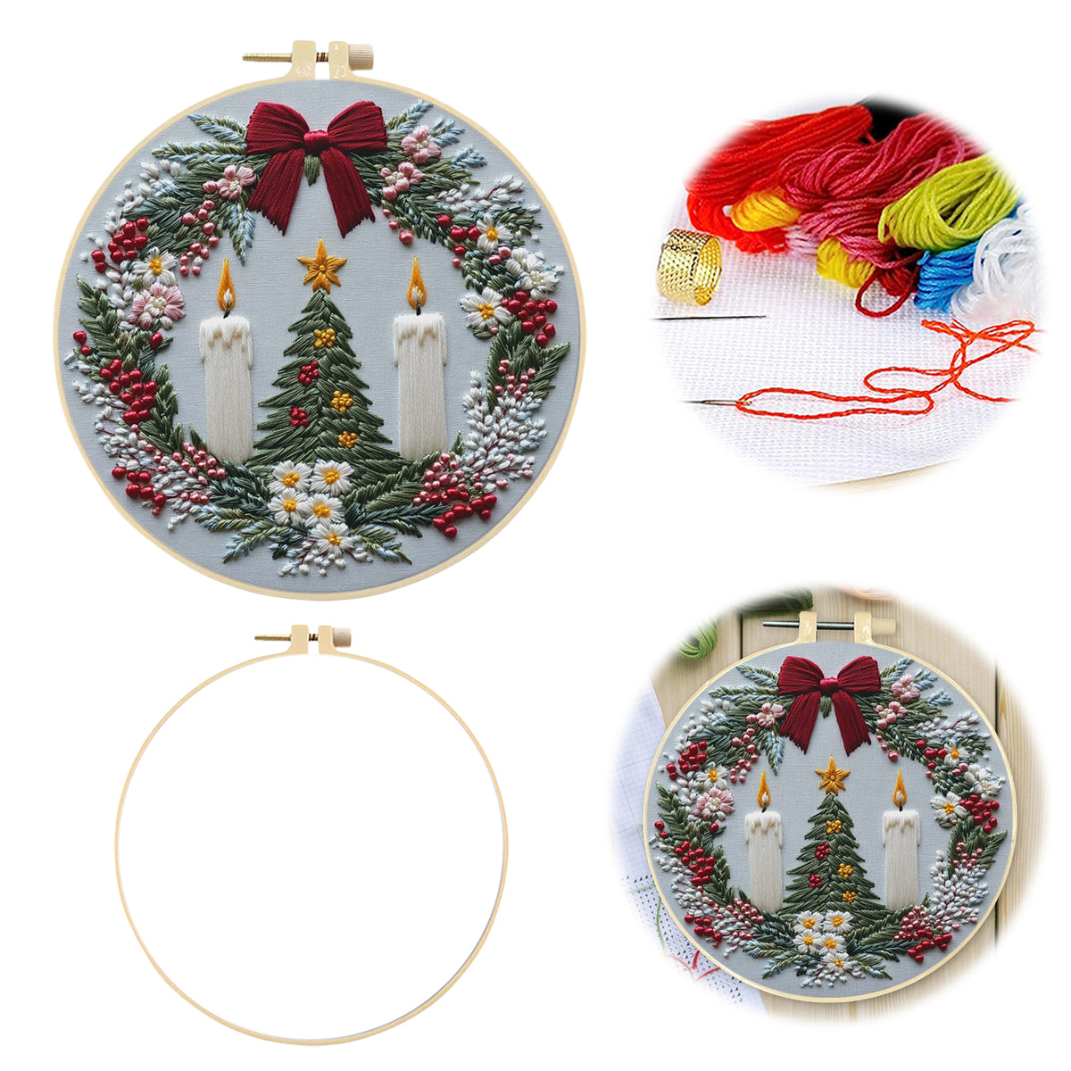 Xmas Wreath - DIY Embroidery Cross Stitch Kit with Pattern Cotton Threads Needles Hoop 30×30CM/11.81×11.81in