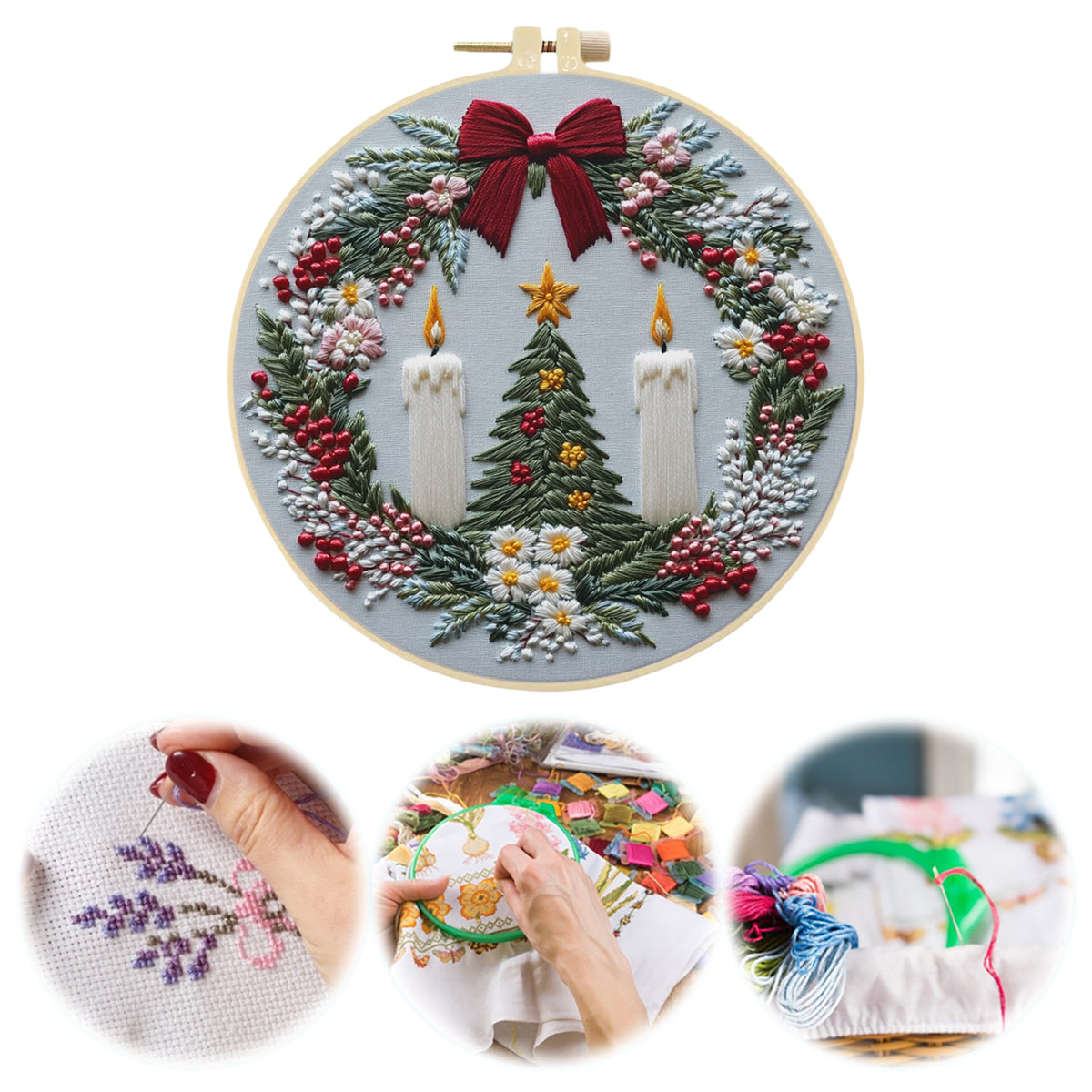 Xmas Wreath - DIY Embroidery Cross Stitch Kit with Pattern Cotton Threads Needles Hoop 30×30CM/11.81×11.81in