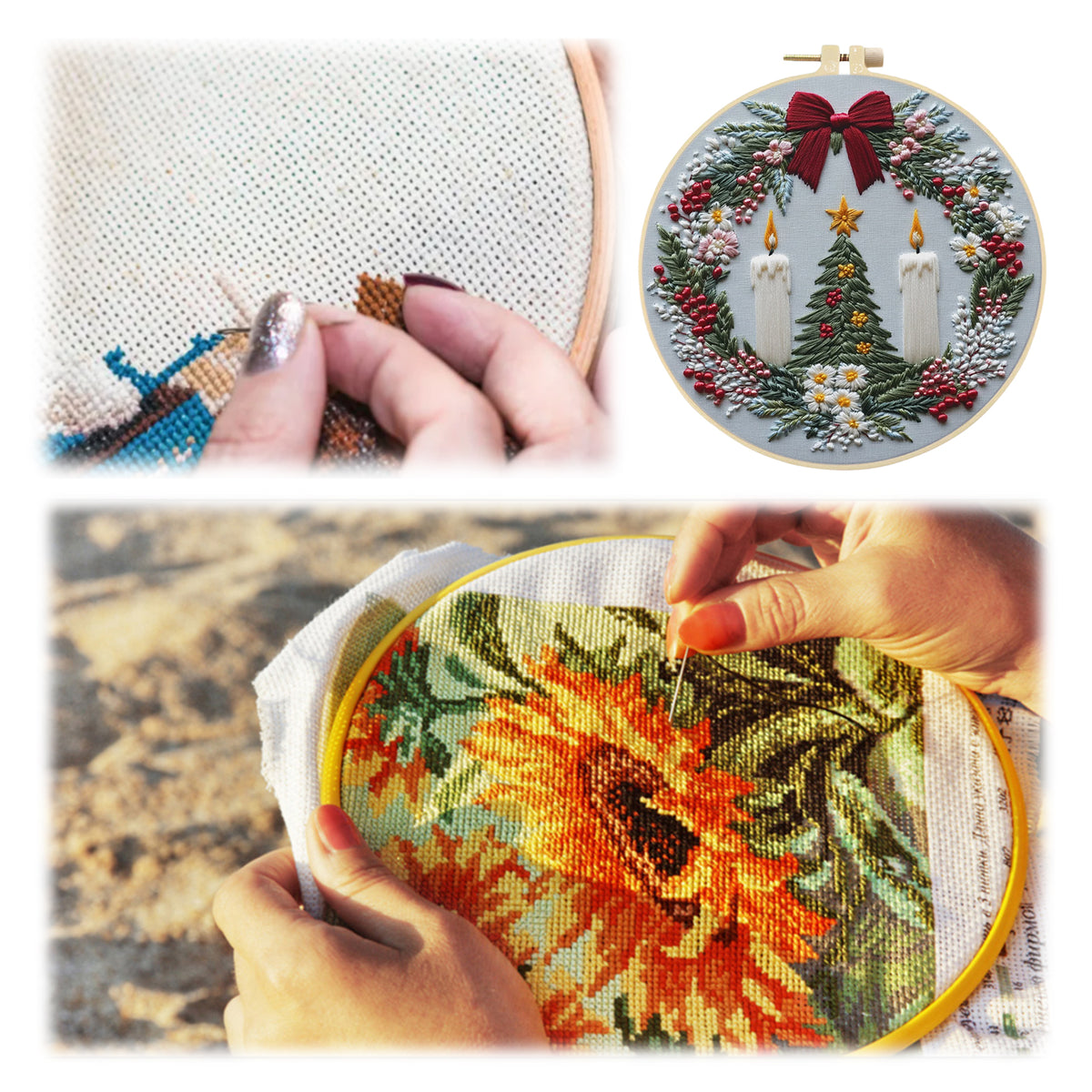 Xmas Wreath - DIY Embroidery Cross Stitch Kit with Pattern Cotton Threads Needles Hoop 30×30CM/11.81×11.81in
