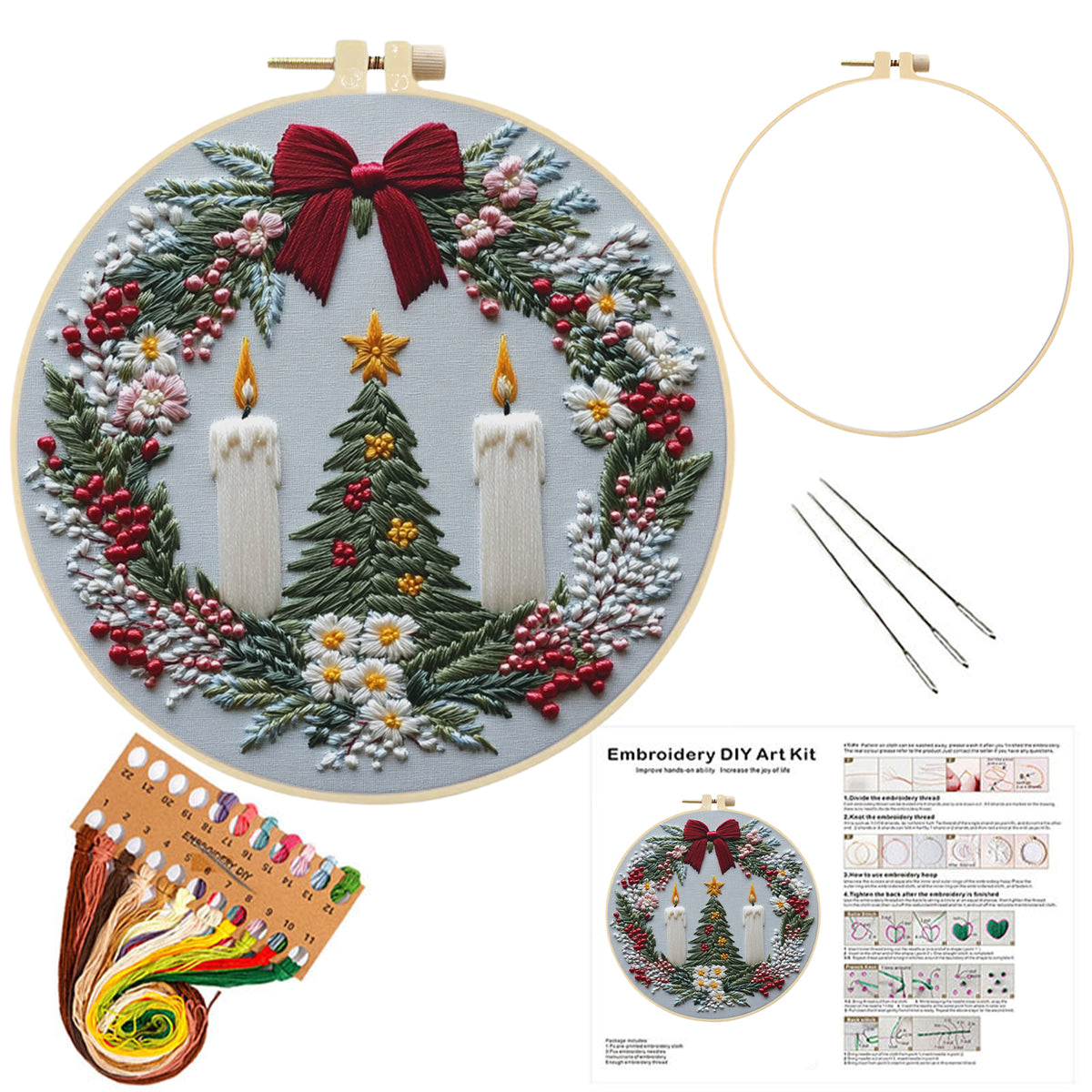 Xmas Wreath - DIY Embroidery Cross Stitch Kit with Pattern Cotton Threads Needles Hoop 30×30CM/11.81×11.81in