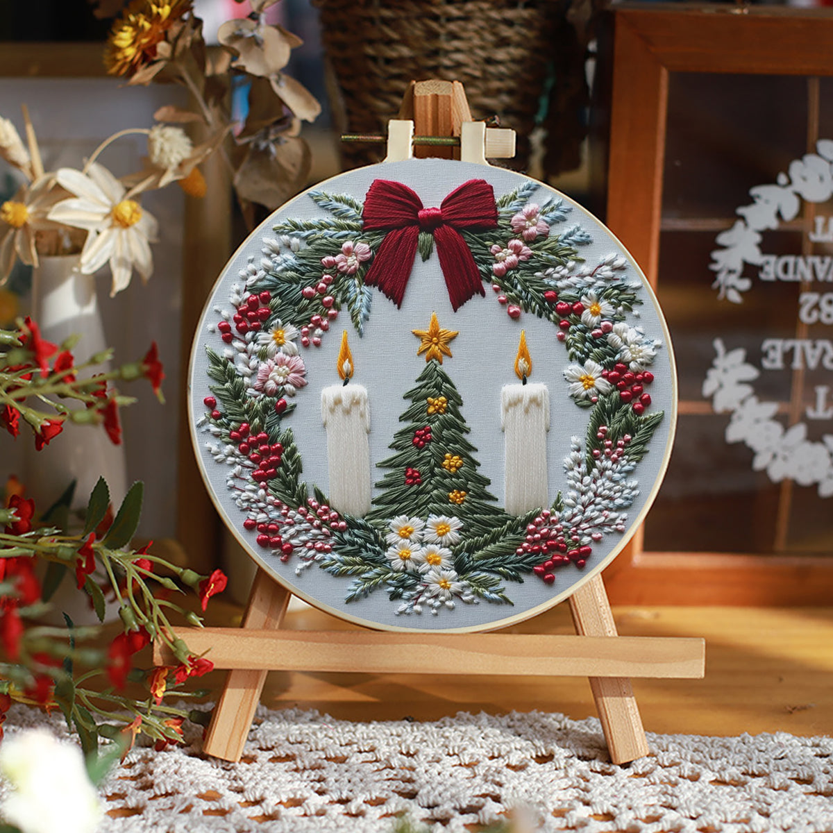 Xmas Wreath - DIY Embroidery Cross Stitch Kit with Pattern Cotton Threads Needles Hoop 30×30CM/11.81×11.81in