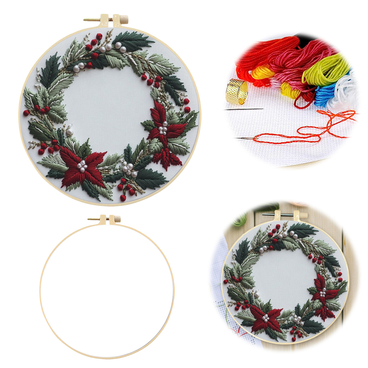 Poinsettia Wreath - DIY Embroidery Cross Stitch Kit with Pattern Cotton Threads Needles Hoop 30×30CM/11.81×11.81in