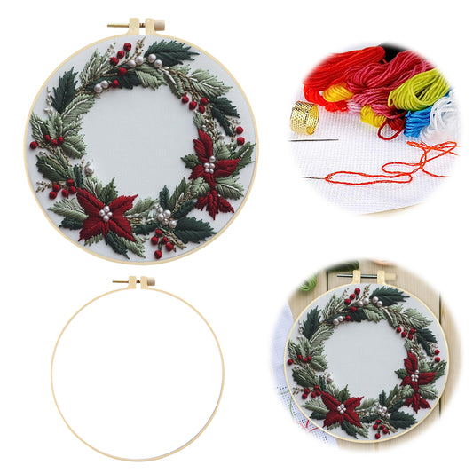Weihnachtsstern-Kranz - DIY-Stickset für Kreuzstich mit Muster, Baumwollgarnen, Nadeln und Stickrahmen 30×30 cm