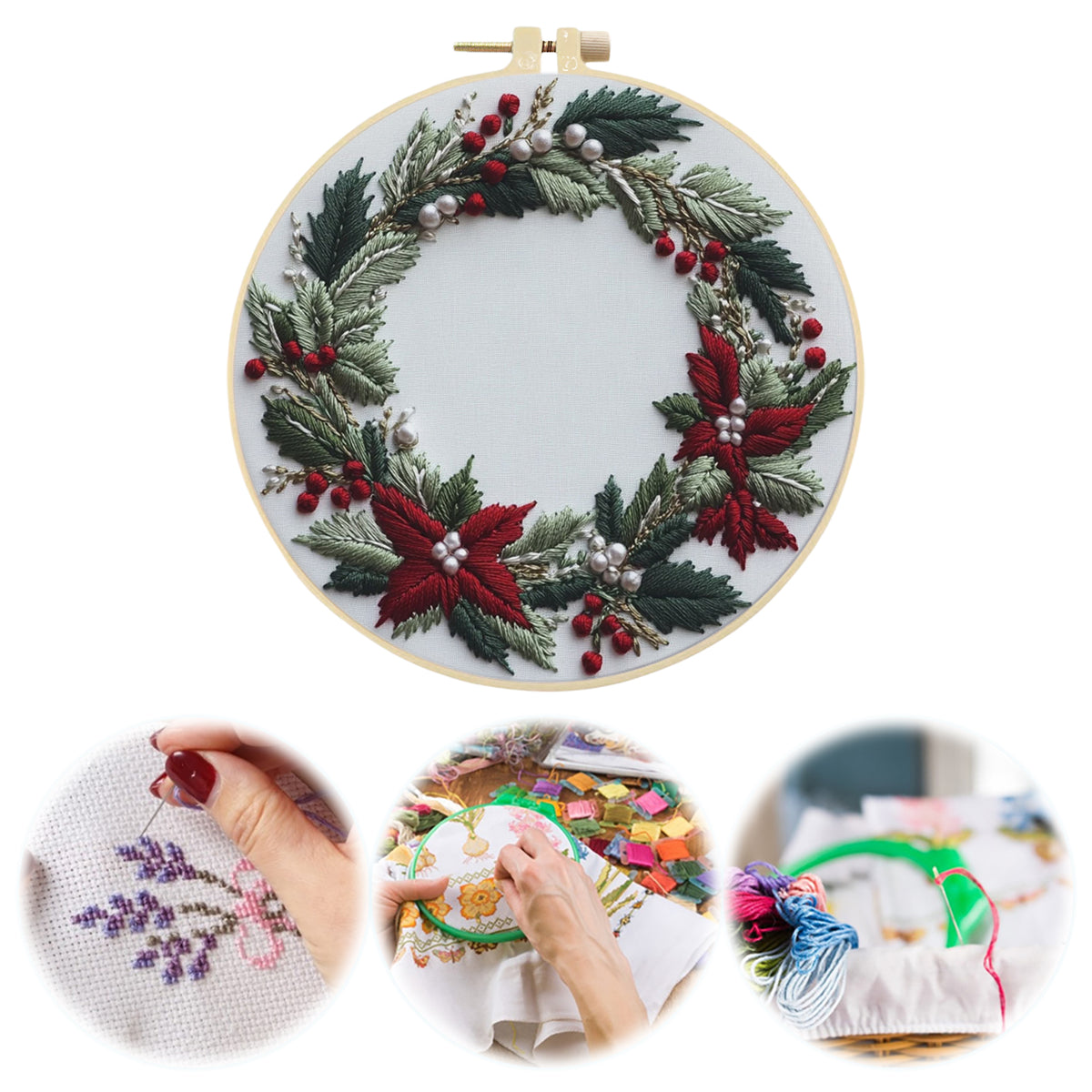 Poinsettia Wreath - DIY Embroidery Cross Stitch Kit with Pattern Cotton Threads Needles Hoop 30×30CM/11.81×11.81in