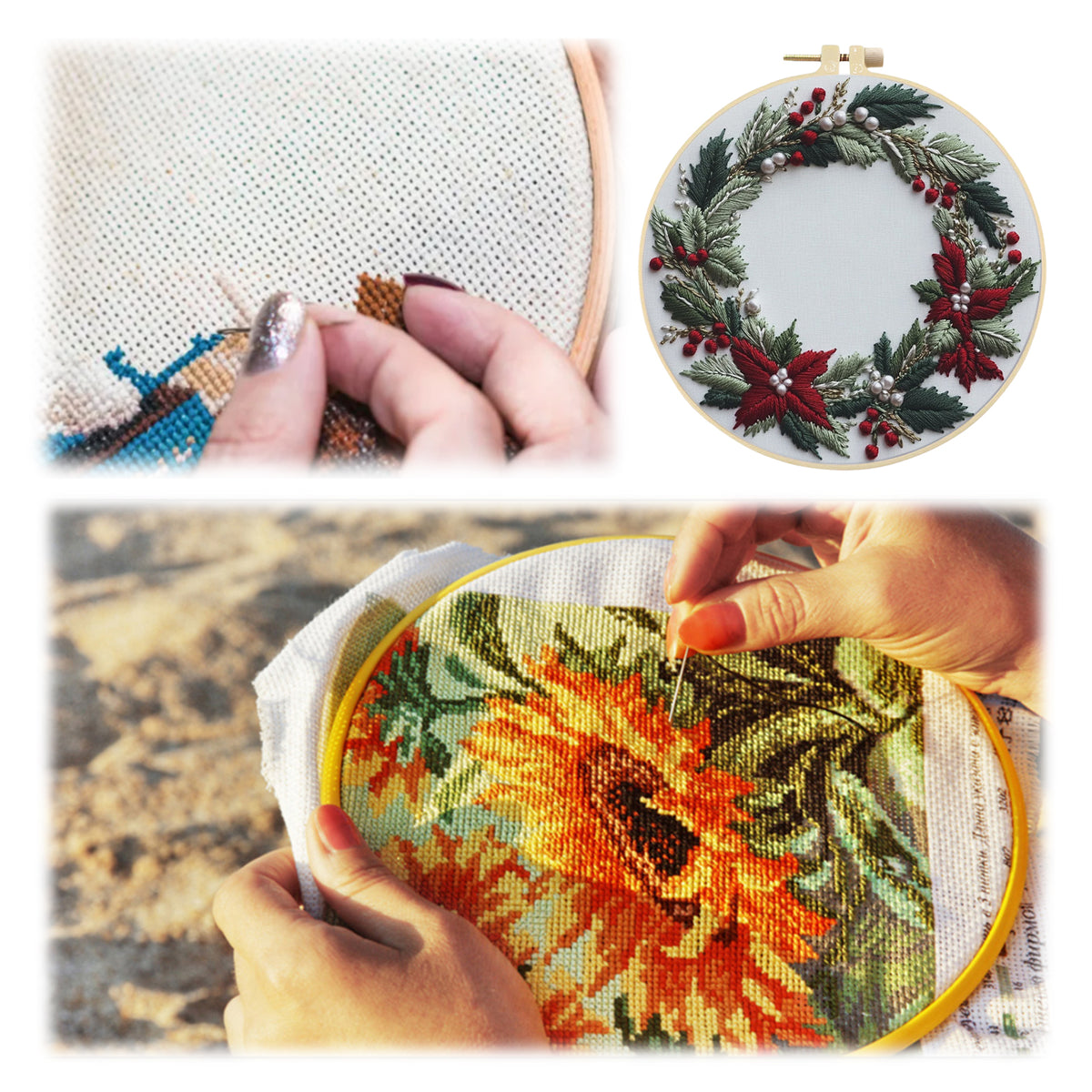 Poinsettia Wreath - DIY Embroidery Cross Stitch Kit with Pattern Cotton Threads Needles Hoop 30×30CM/11.81×11.81in