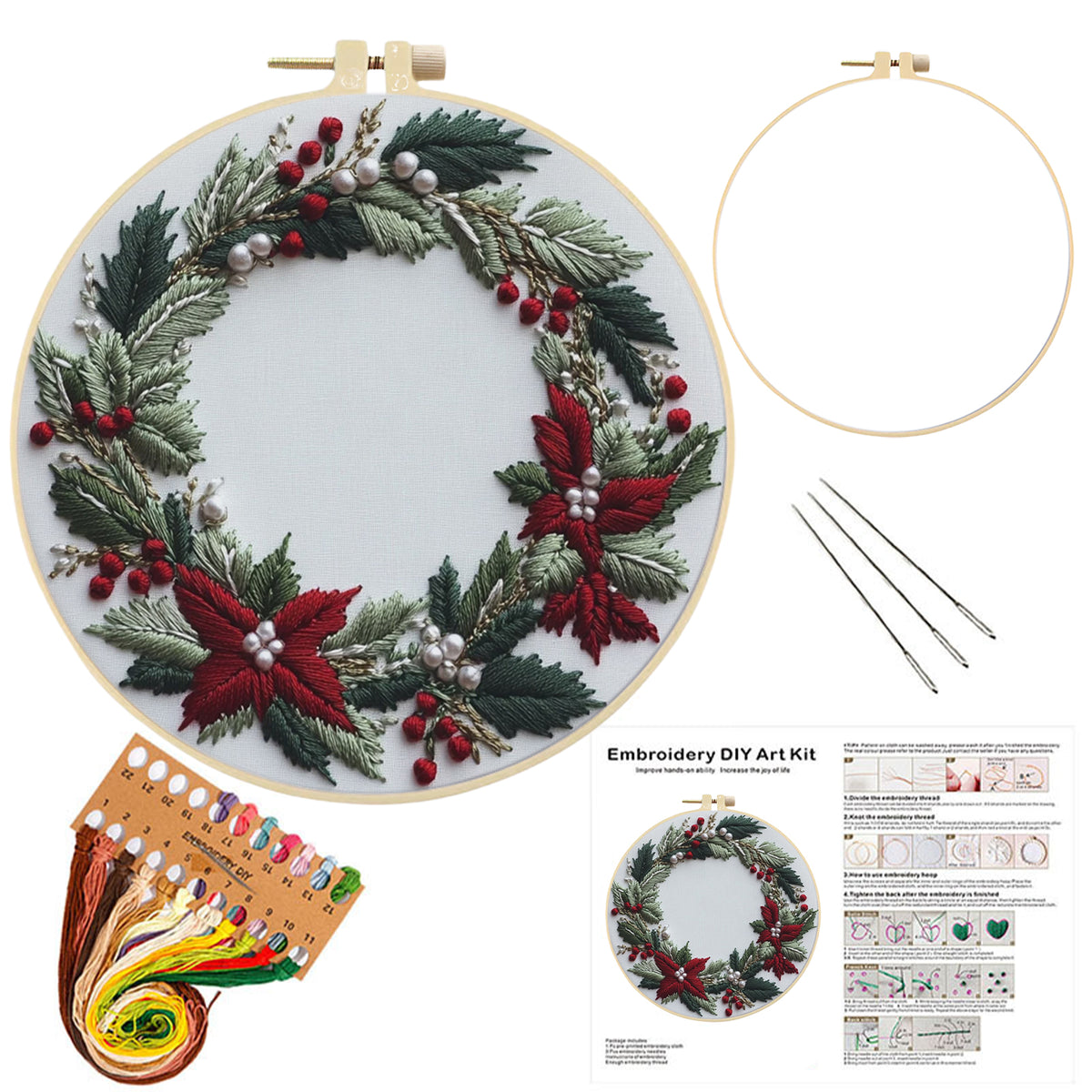 Poinsettia Wreath - DIY Embroidery Cross Stitch Kit with Pattern Cotton Threads Needles Hoop 30×30CM/11.81×11.81in