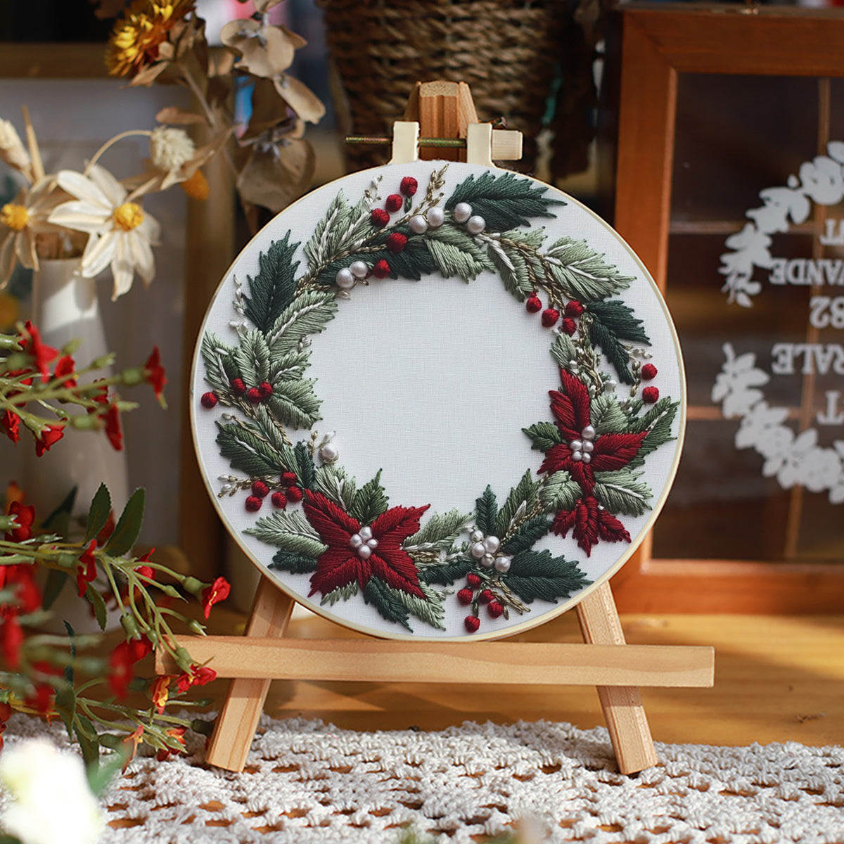 Poinsettia Wreath - DIY Embroidery Cross Stitch Kit with Pattern Cotton Threads Needles Hoop 30×30CM/11.81×11.81in