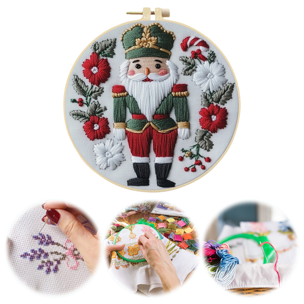 Nutcracker Doll - DIY Embroidery Cross Stitch Kit with Pattern Cotton Threads Needles Hoop 30×30CM/11.81×11.81in
