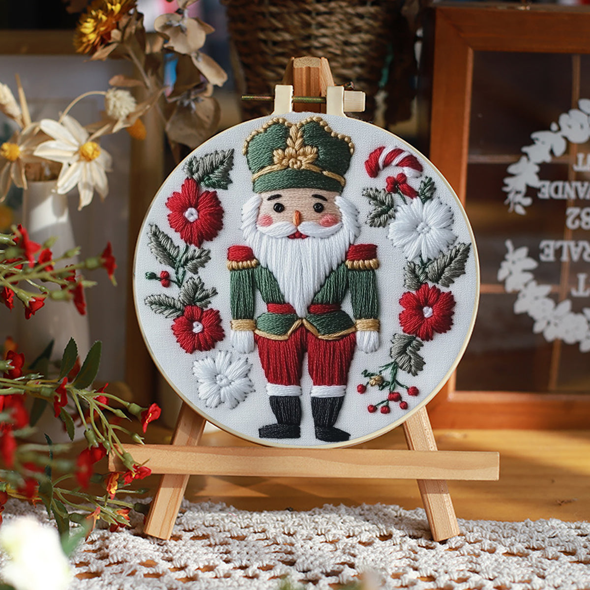 Nutcracker Doll - DIY Embroidery Cross Stitch Kit with Pattern Cotton Threads Needles Hoop 30×30CM/11.81×11.81in