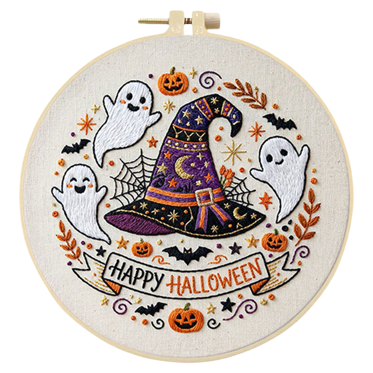 Witch Hat Ghost - DIY Embroidery Cross Stitch Kit with Pattern Cotton Threads Needles Hoop 29×29CM/11.42×11.42in