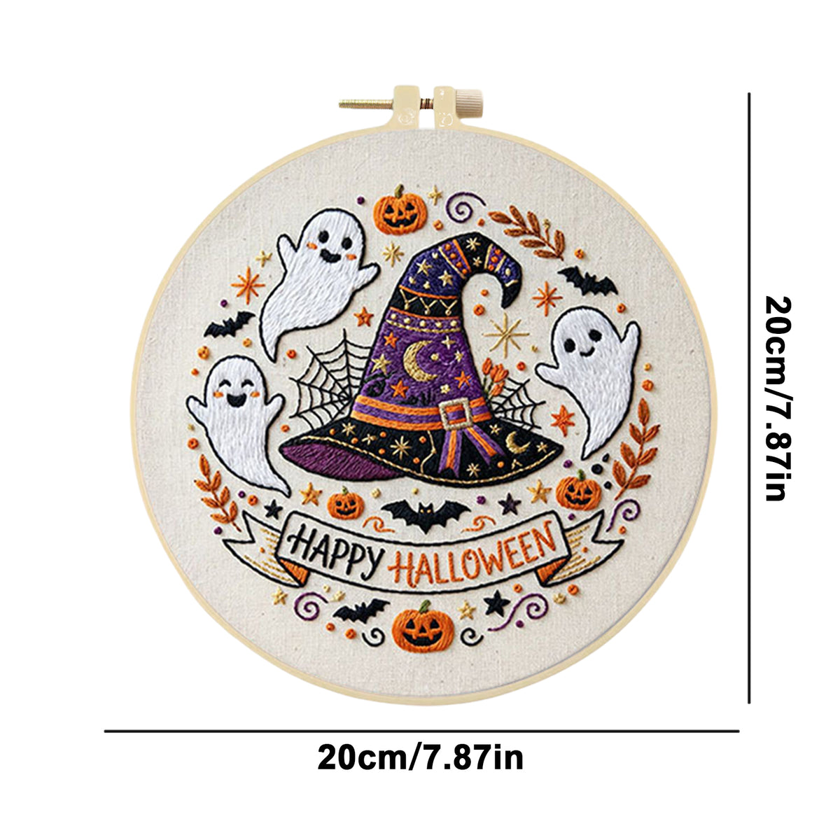 Witch Hat Ghost - DIY Embroidery Cross Stitch Kit with Pattern Cotton Threads Needles Hoop 29×29CM/11.42×11.42in