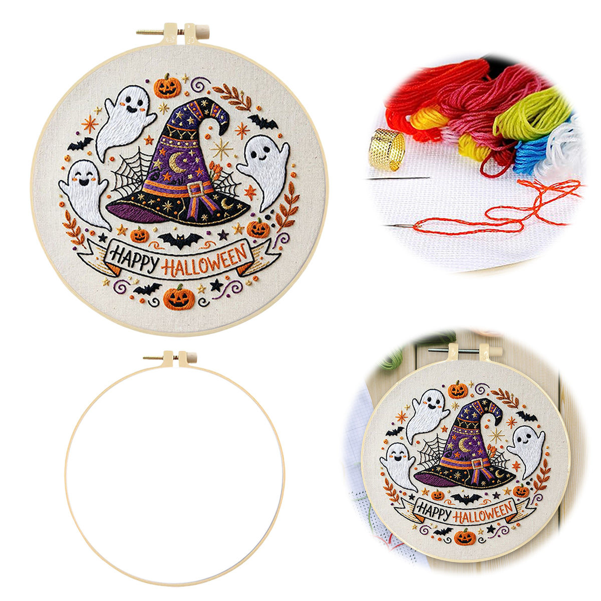 Witch Hat Ghost - DIY Embroidery Cross Stitch Kit with Pattern Cotton Threads Needles Hoop 29×29CM/11.42×11.42in