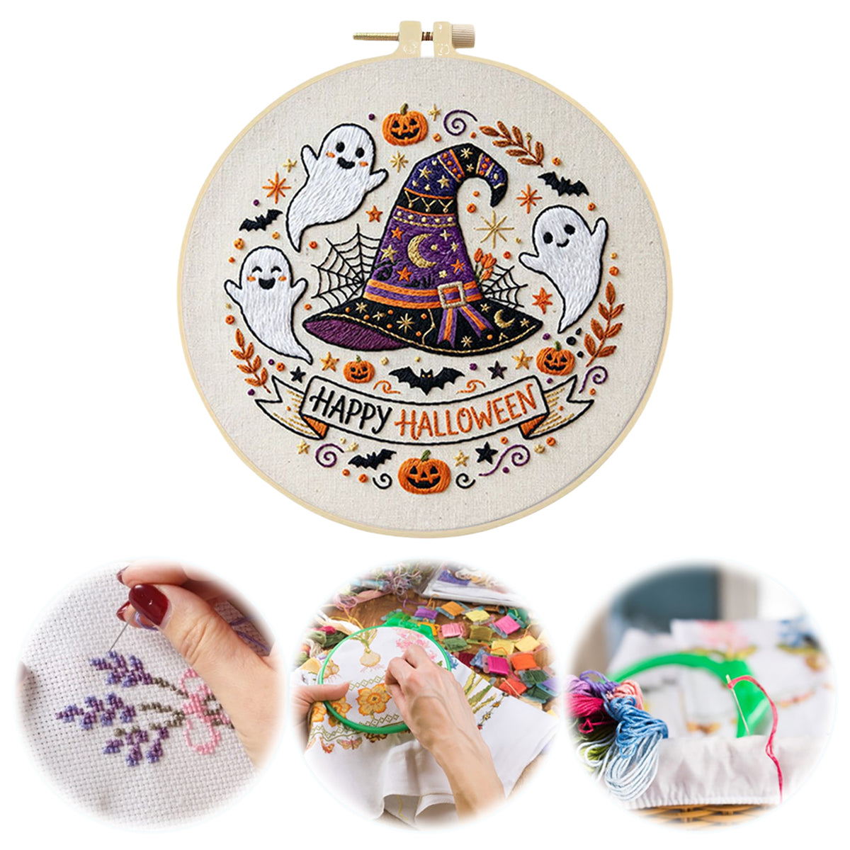 Witch Hat Ghost - DIY Embroidery Cross Stitch Kit with Pattern Cotton Threads Needles Hoop 29×29CM/11.42×11.42in