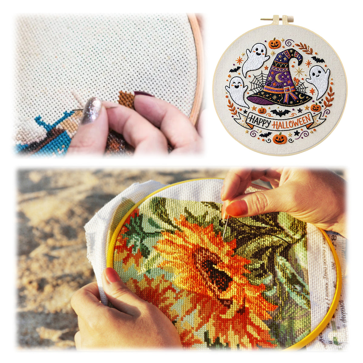 Witch Hat Ghost - DIY Embroidery Cross Stitch Kit with Pattern Cotton Threads Needles Hoop 29×29CM/11.42×11.42in