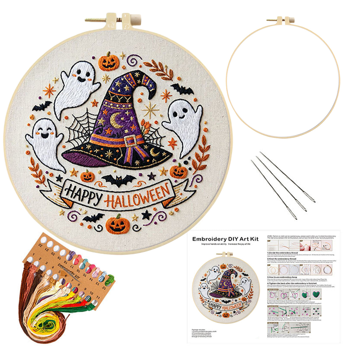Witch Hat Ghost - DIY Embroidery Cross Stitch Kit with Pattern Cotton Threads Needles Hoop 29×29CM/11.42×11.42in