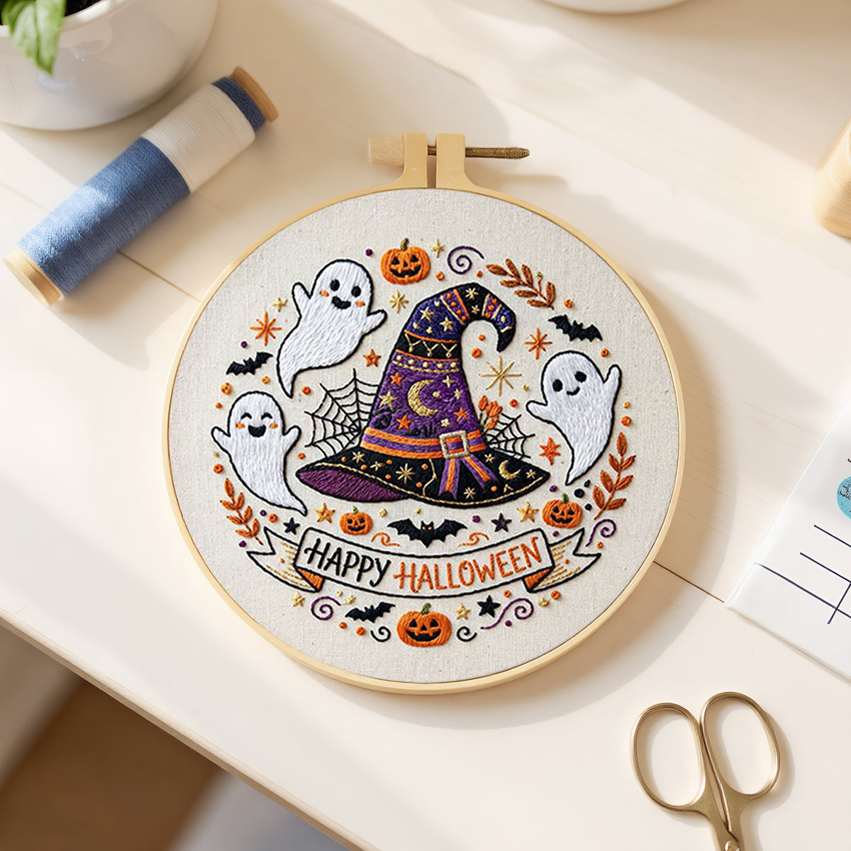 Witch Hat Ghost - DIY Embroidery Cross Stitch Kit with Pattern Cotton Threads Needles Hoop 29×29CM/11.42×11.42in