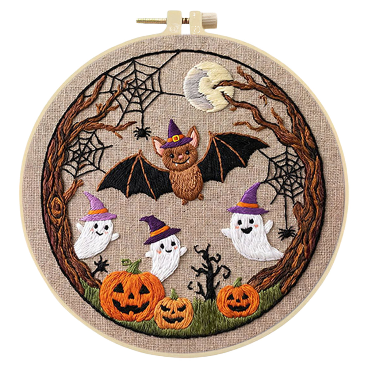 Tree Bat Ghost - DIY Embroidery Cross Stitch Kit with Pattern Cotton Threads Needles Hoop 29×29CM/11.42×11.42in