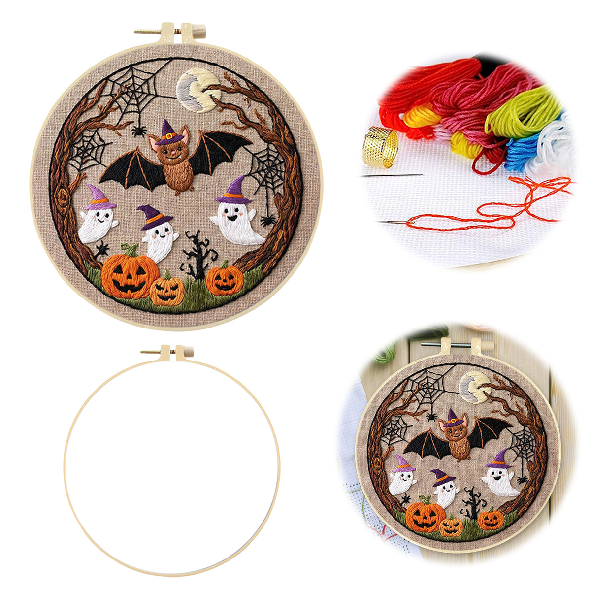 Tree Bat Ghost - DIY Embroidery Cross Stitch Kit with Pattern Cotton Threads Needles Hoop 29×29CM/11.42×11.42in