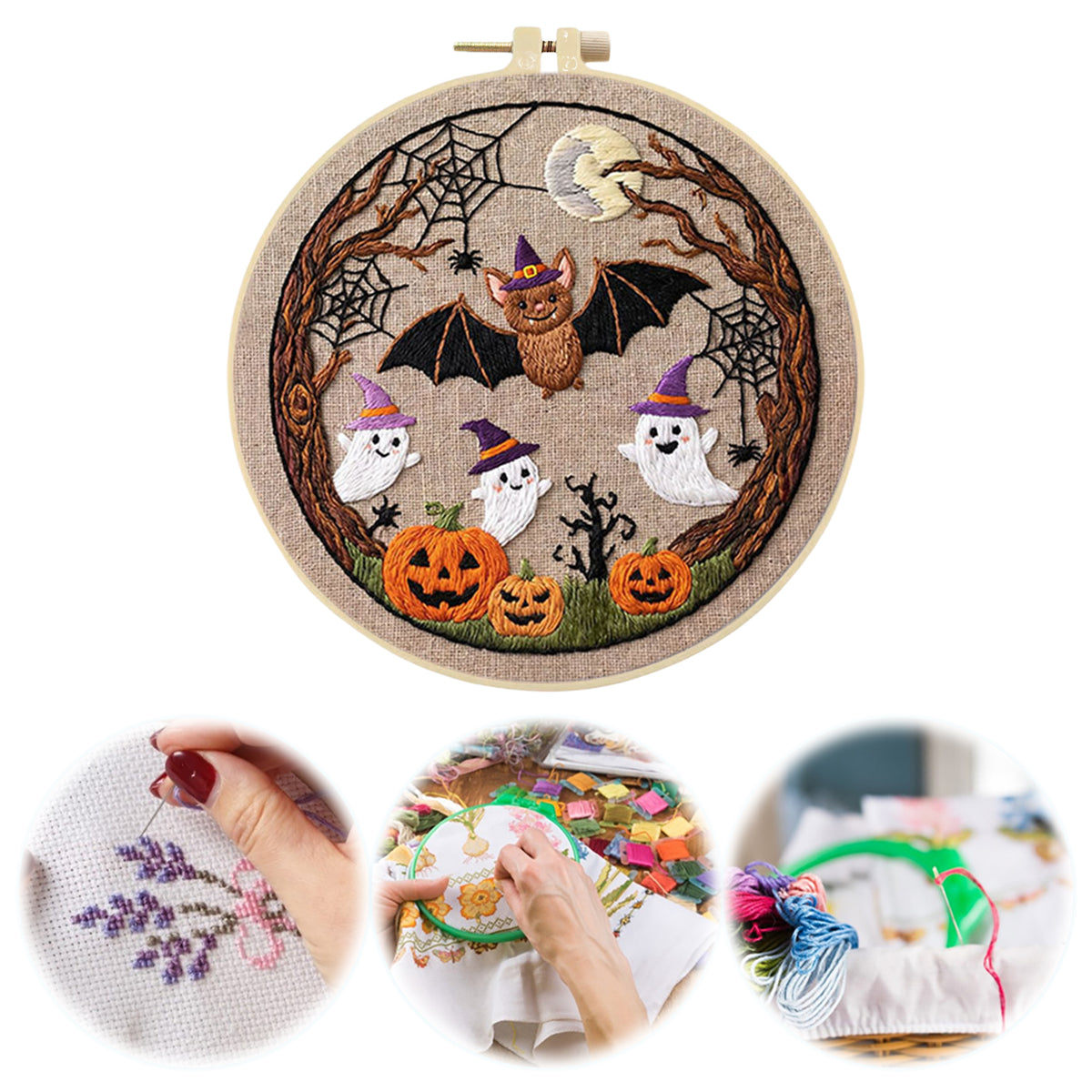 Tree Bat Ghost - DIY Embroidery Cross Stitch Kit with Pattern Cotton Threads Needles Hoop 29×29CM/11.42×11.42in