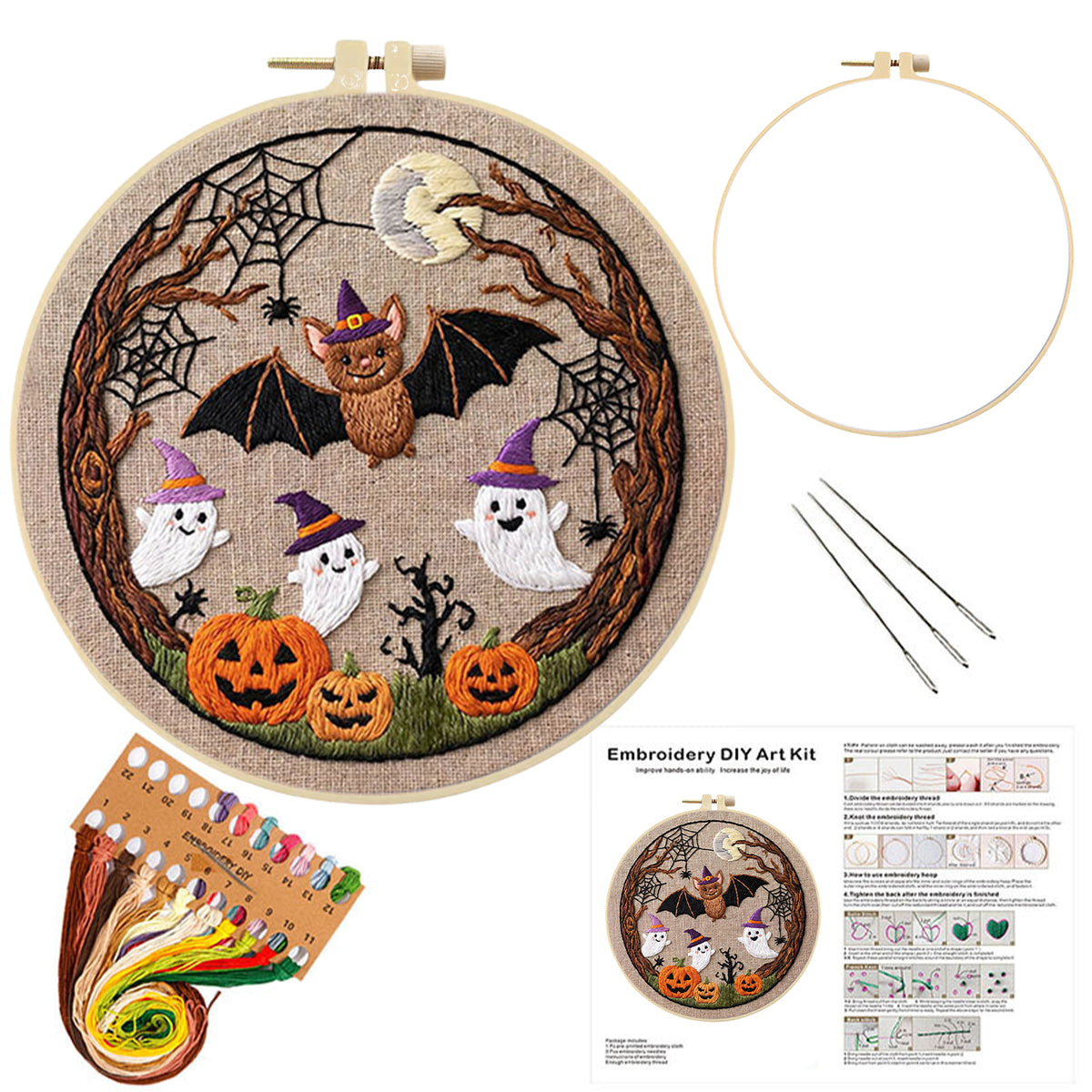 Tree Bat Ghost - DIY Embroidery Cross Stitch Kit with Pattern Cotton Threads Needles Hoop 29×29CM/11.42×11.42in