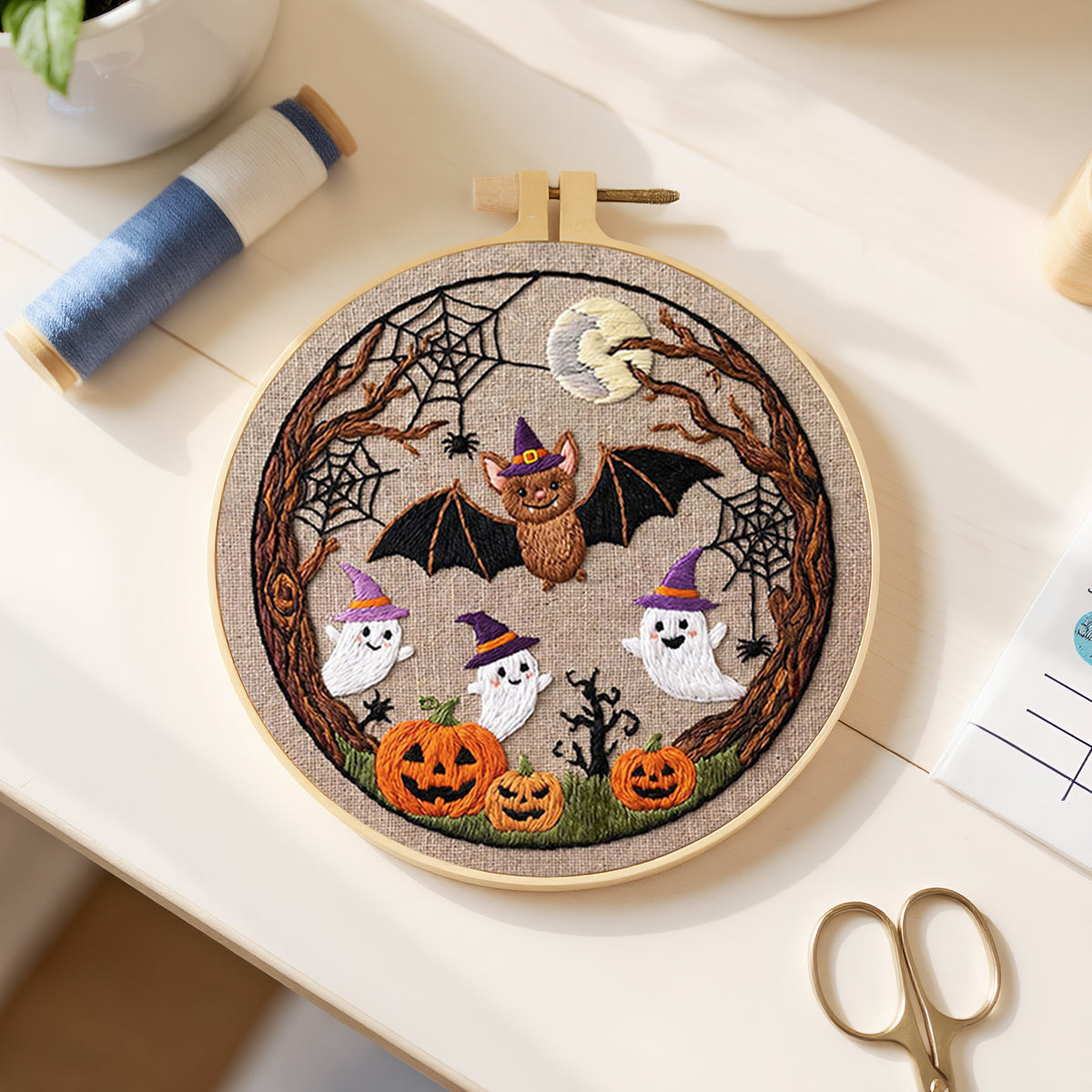 Tree Bat Ghost - DIY Embroidery Cross Stitch Kit with Pattern Cotton Threads Needles Hoop 29×29CM/11.42×11.42in