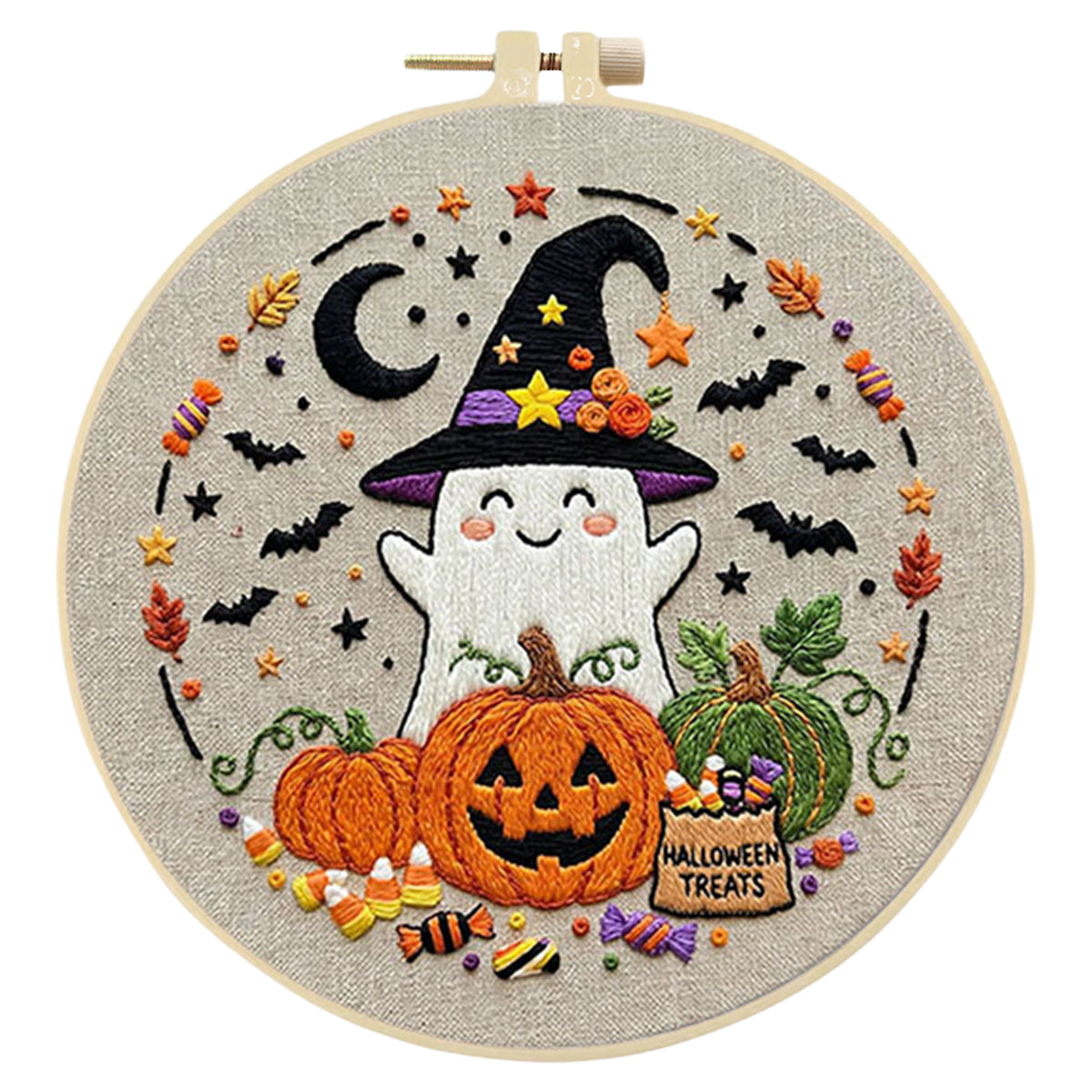 Ghost Pumpkin - DIY Embroidery Cross Stitch Kit with Pattern Cotton Threads Needles Hoop 29×29CM/11.42×11.42in