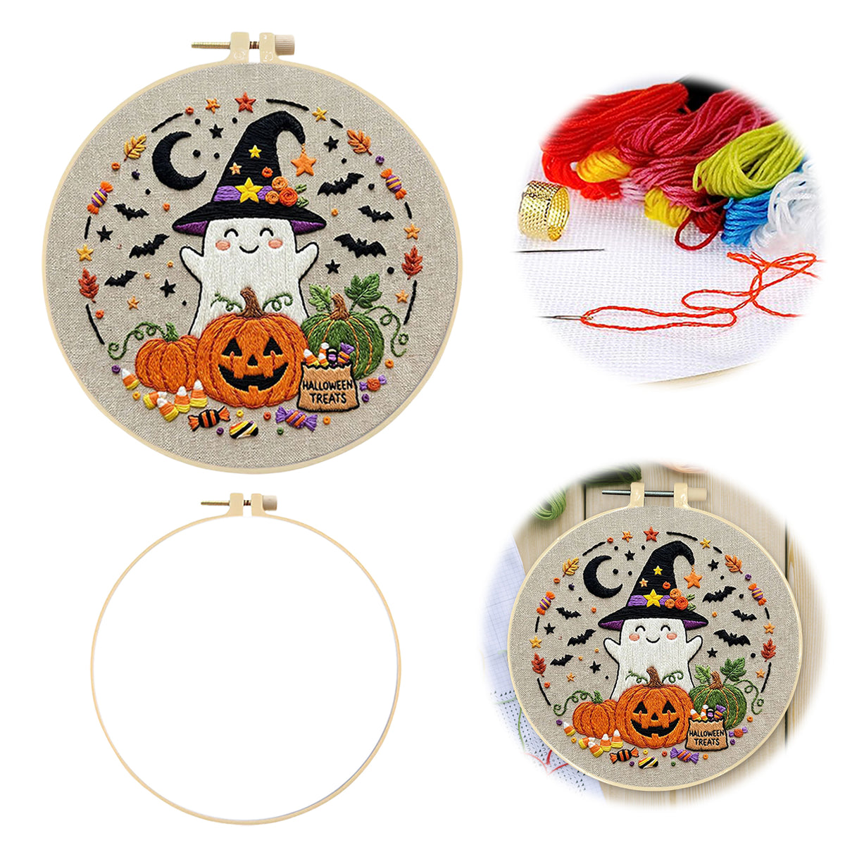 Ghost Pumpkin - DIY Embroidery Cross Stitch Kit with Pattern Cotton Threads Needles Hoop 29×29CM/11.42×11.42in