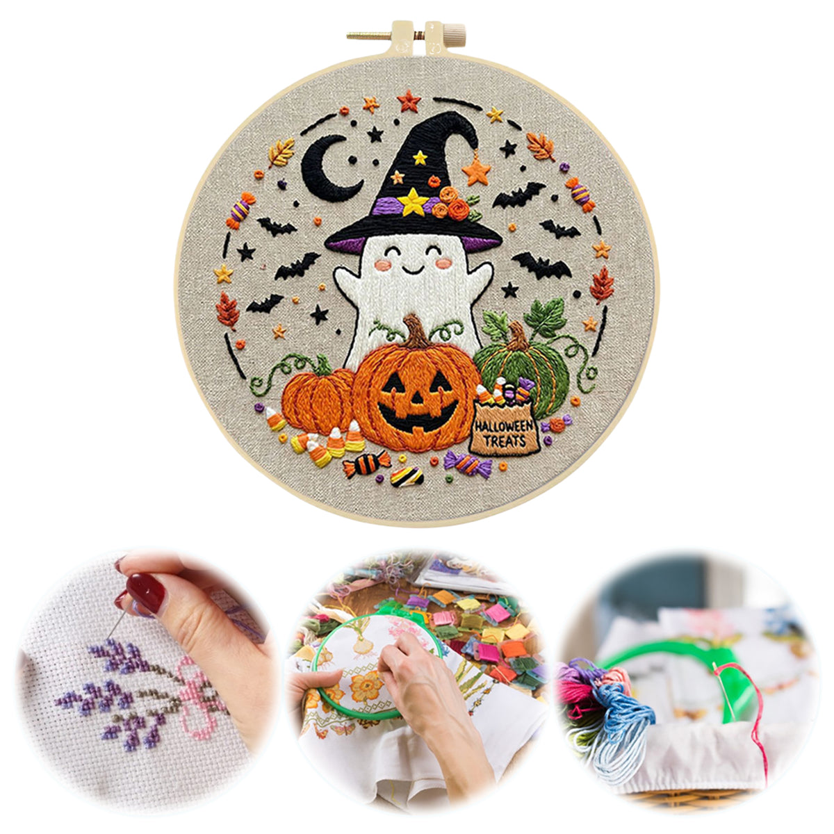 Ghost Pumpkin - DIY Embroidery Cross Stitch Kit with Pattern Cotton Threads Needles Hoop 29×29CM/11.42×11.42in