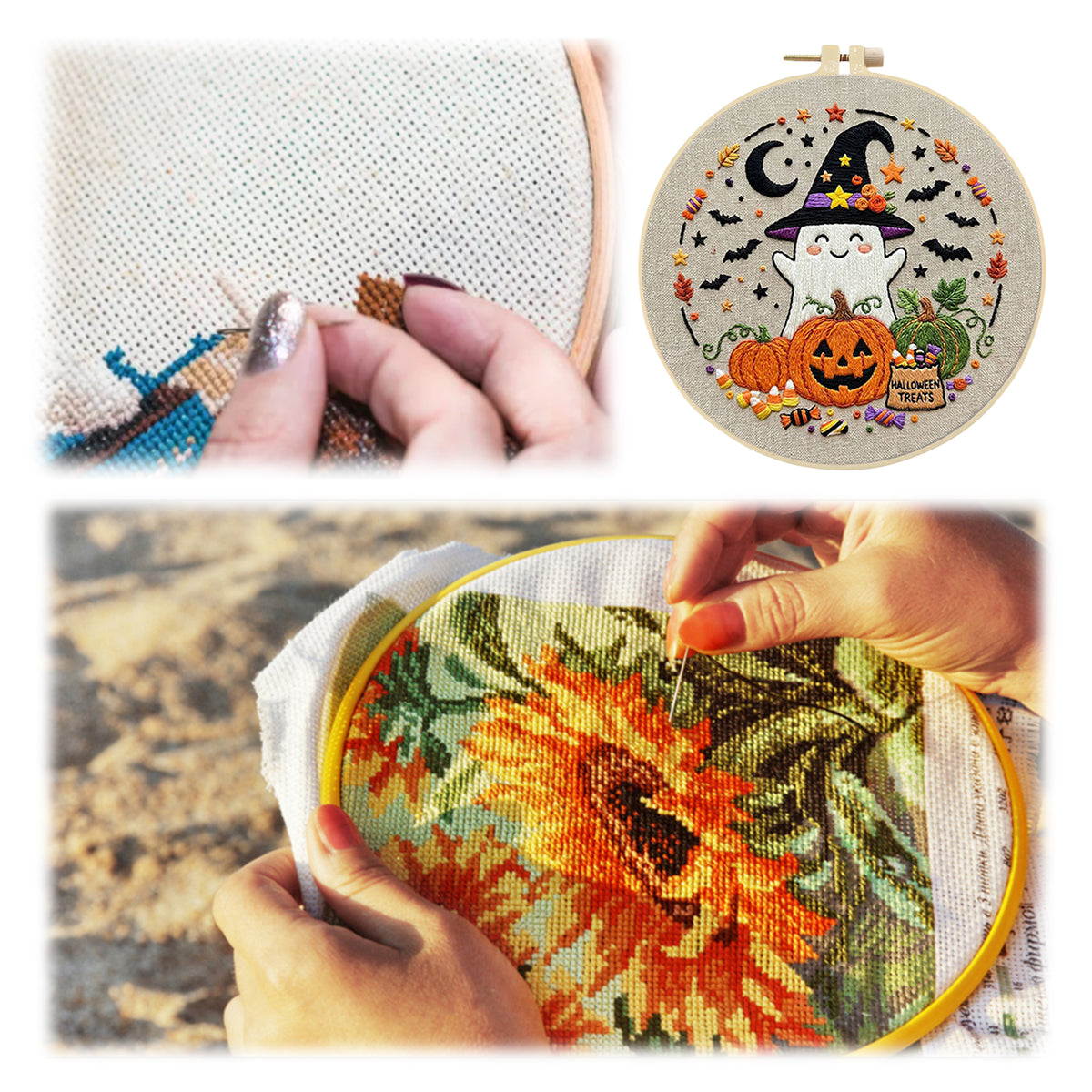 Ghost Pumpkin - DIY Embroidery Cross Stitch Kit with Pattern Cotton Threads Needles Hoop 29×29CM/11.42×11.42in