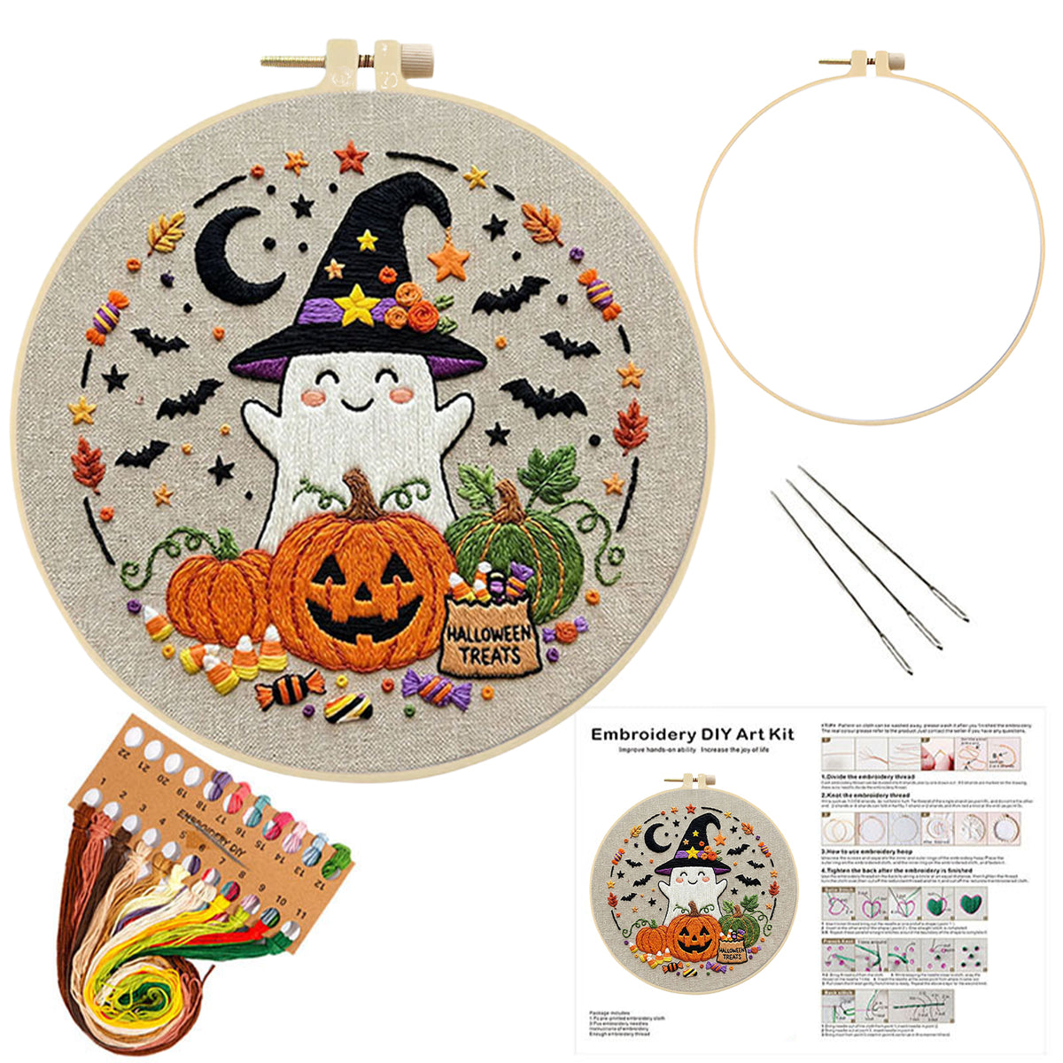 Ghost Pumpkin - DIY Embroidery Cross Stitch Kit with Pattern Cotton Threads Needles Hoop 29×29CM/11.42×11.42in