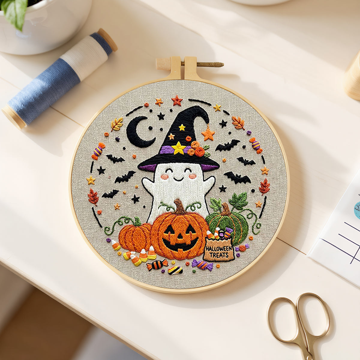 Ghost Pumpkin - DIY Embroidery Cross Stitch Kit with Pattern Cotton Threads Needles Hoop 29×29CM/11.42×11.42in