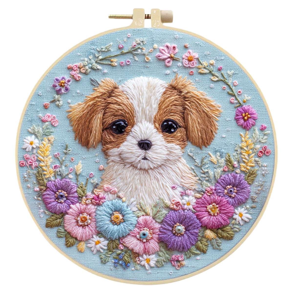 Floral Shih Tzu - DIY Embroidery Cross Stitch Kit with Pattern Cotton Threads Needles Hoop 30×30CM/11.81×11.81in