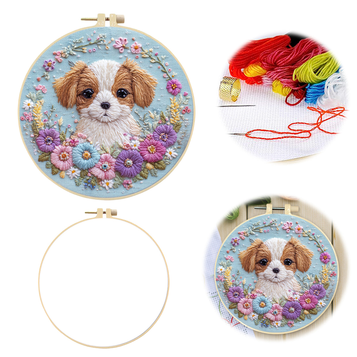 Floral Shih Tzu - DIY Embroidery Cross Stitch Kit with Pattern Cotton Threads Needles Hoop 30×30CM/11.81×11.81in