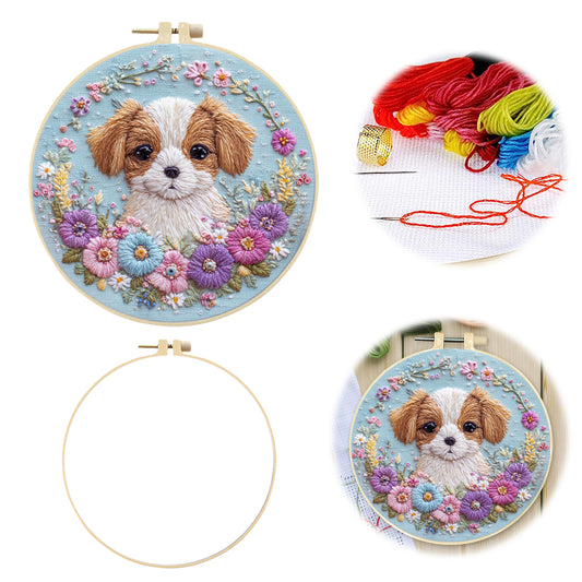 Floral Shih Tzu - DIY Embroidery Cross Stitch Kit with Pattern Cotton Threads Needles Hoop 30×30CM/11.81×11.81in
