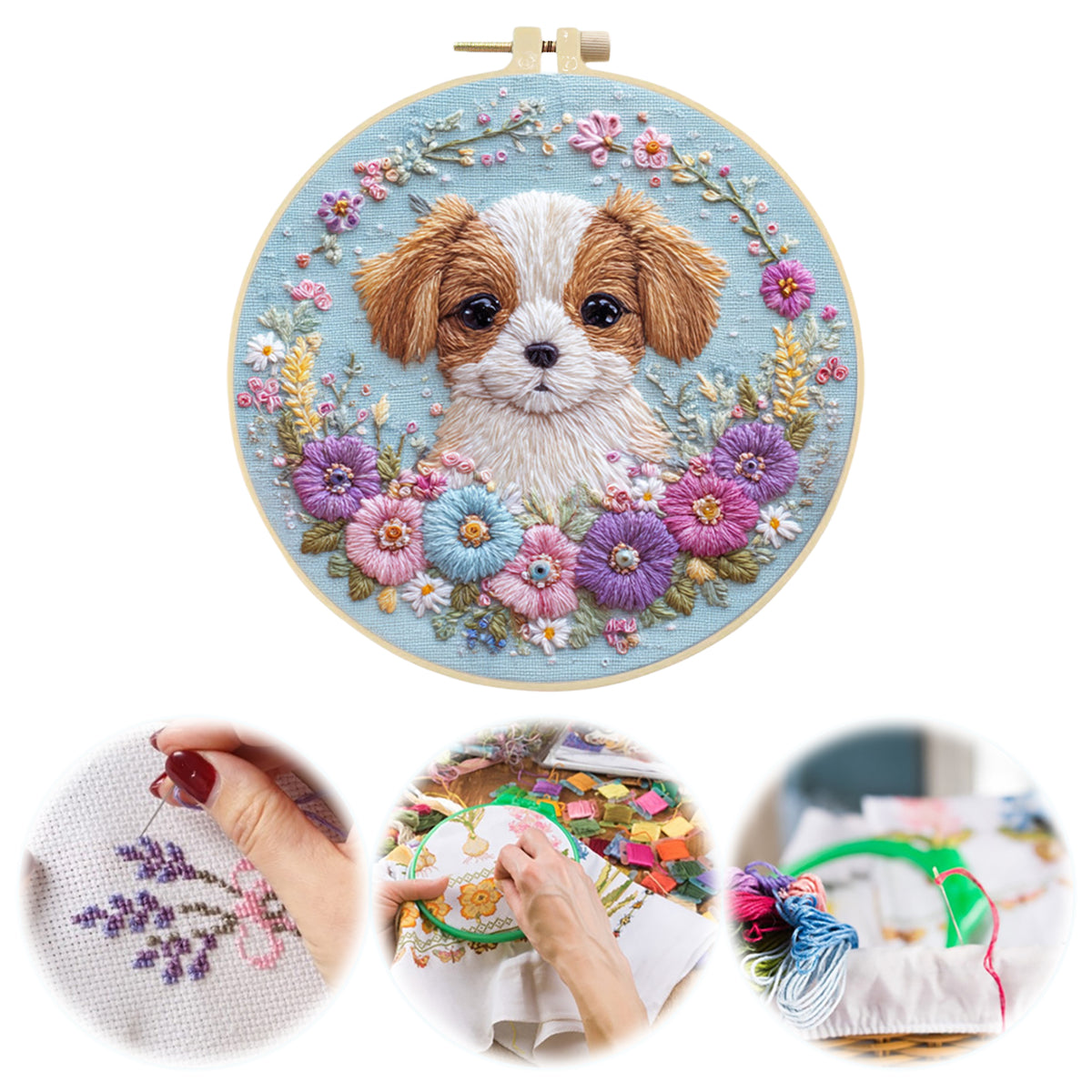 Floral Shih Tzu - DIY Embroidery Cross Stitch Kit with Pattern Cotton Threads Needles Hoop 30×30CM/11.81×11.81in
