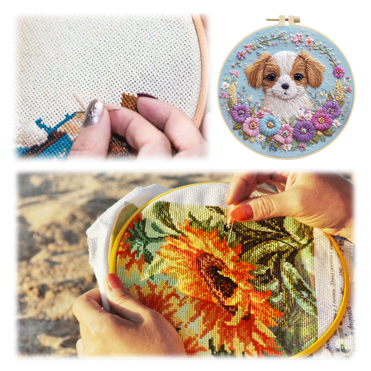Floral Shih Tzu - DIY Embroidery Cross Stitch Kit with Pattern Cotton Threads Needles Hoop 30×30CM/11.81×11.81in