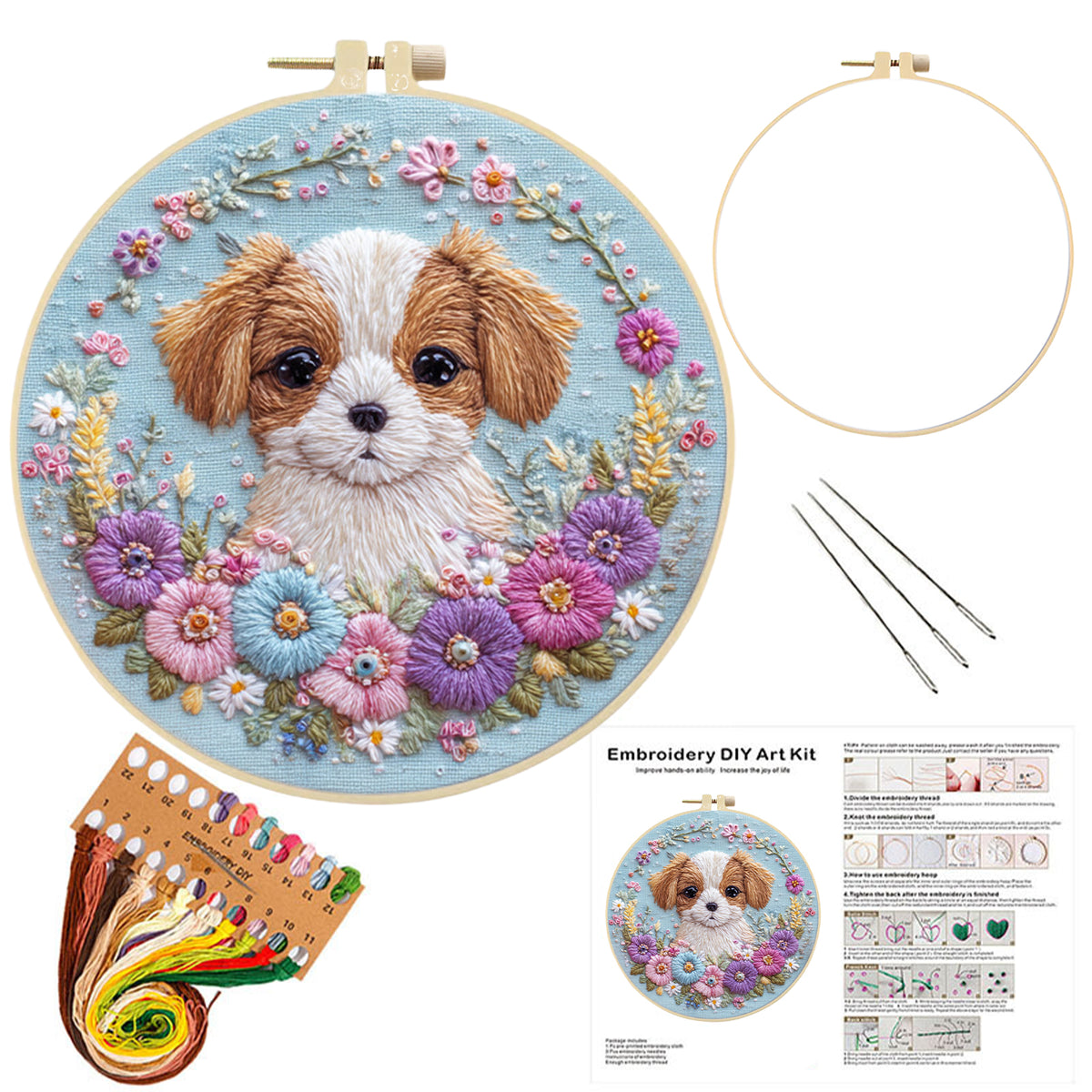 Floral Shih Tzu - DIY Embroidery Cross Stitch Kit with Pattern Cotton Threads Needles Hoop 30×30CM/11.81×11.81in