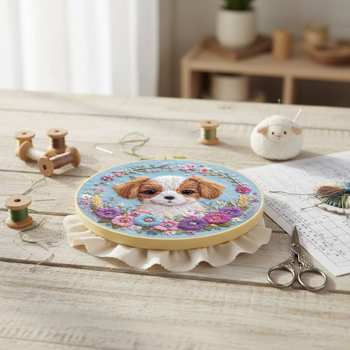Floral Shih Tzu - DIY Embroidery Cross Stitch Kit with Pattern Cotton Threads Needles Hoop 30×30CM/11.81×11.81in