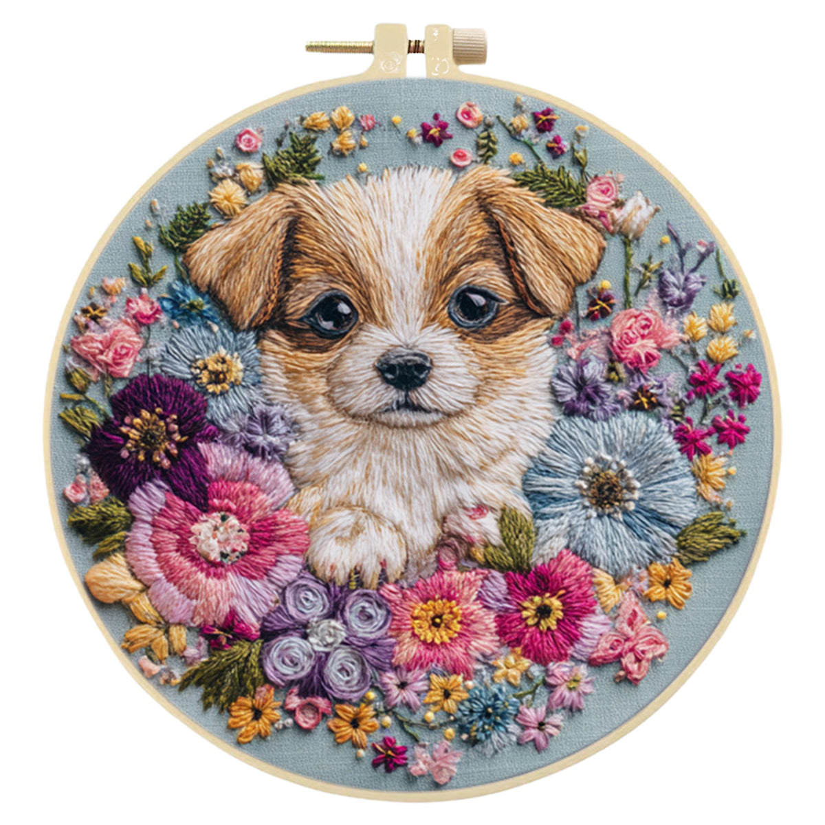 Bloom Puppy - DIY Embroidery Cross Stitch Kit with Pattern Cotton Threads Needles Hoop 30×30CM/11.81×11.81in