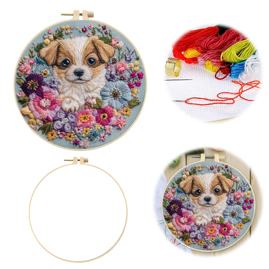 Bloom Puppy - DIY Embroidery Cross Stitch Kit with Pattern Cotton Threads Needles Hoop 30×30CM/11.81×11.81in