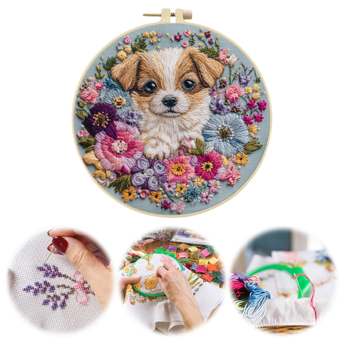 Bloom Puppy - DIY Embroidery Cross Stitch Kit with Pattern Cotton Threads Needles Hoop 30×30CM/11.81×11.81in