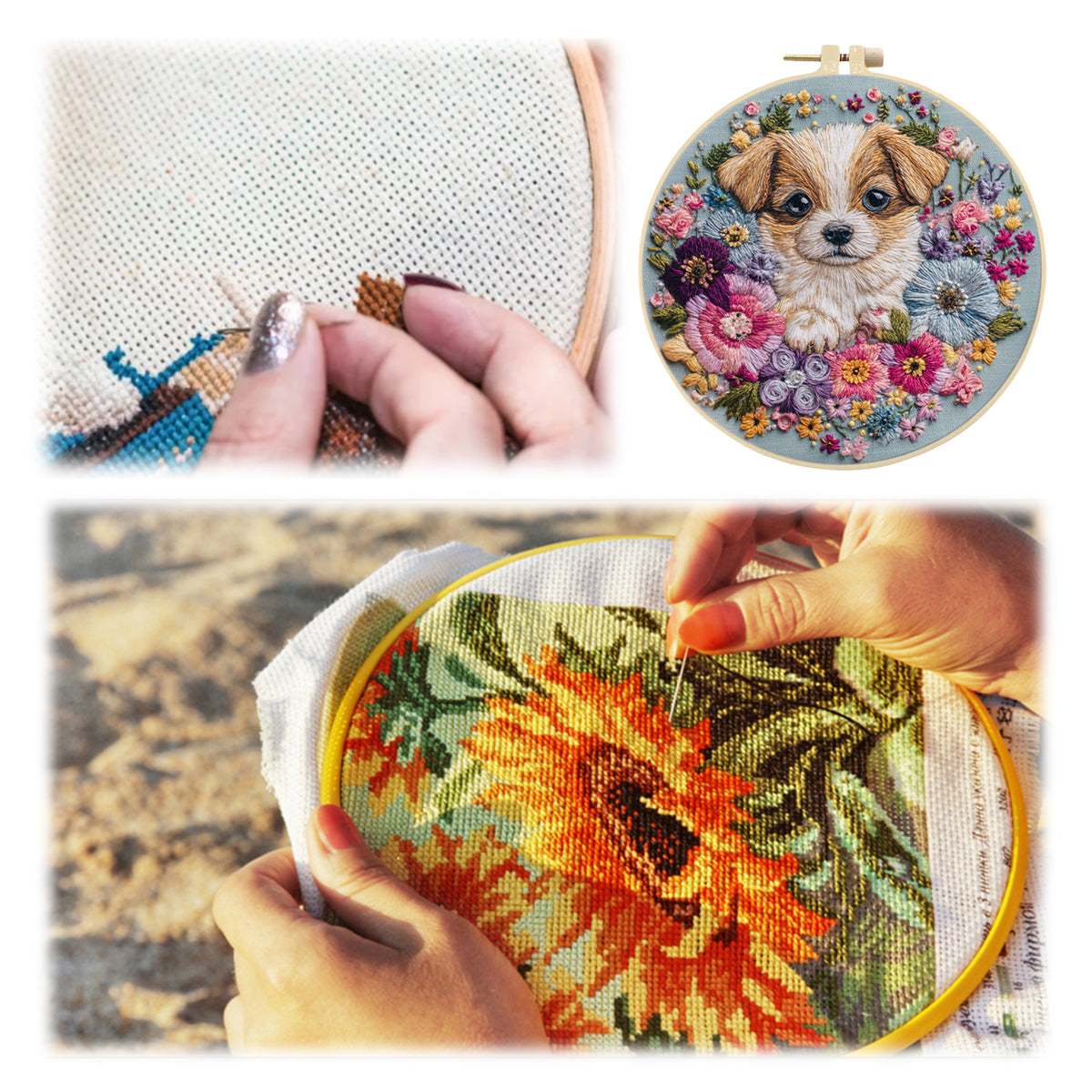 Bloom Puppy - DIY Embroidery Cross Stitch Kit with Pattern Cotton Threads Needles Hoop 30×30CM/11.81×11.81in