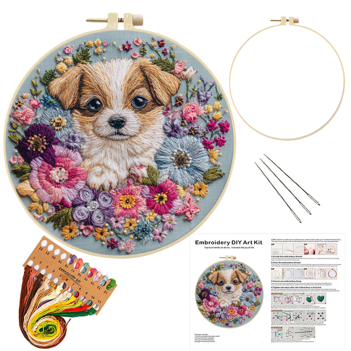 Bloom Puppy - DIY Embroidery Cross Stitch Kit with Pattern Cotton Threads Needles Hoop 30×30CM/11.81×11.81in
