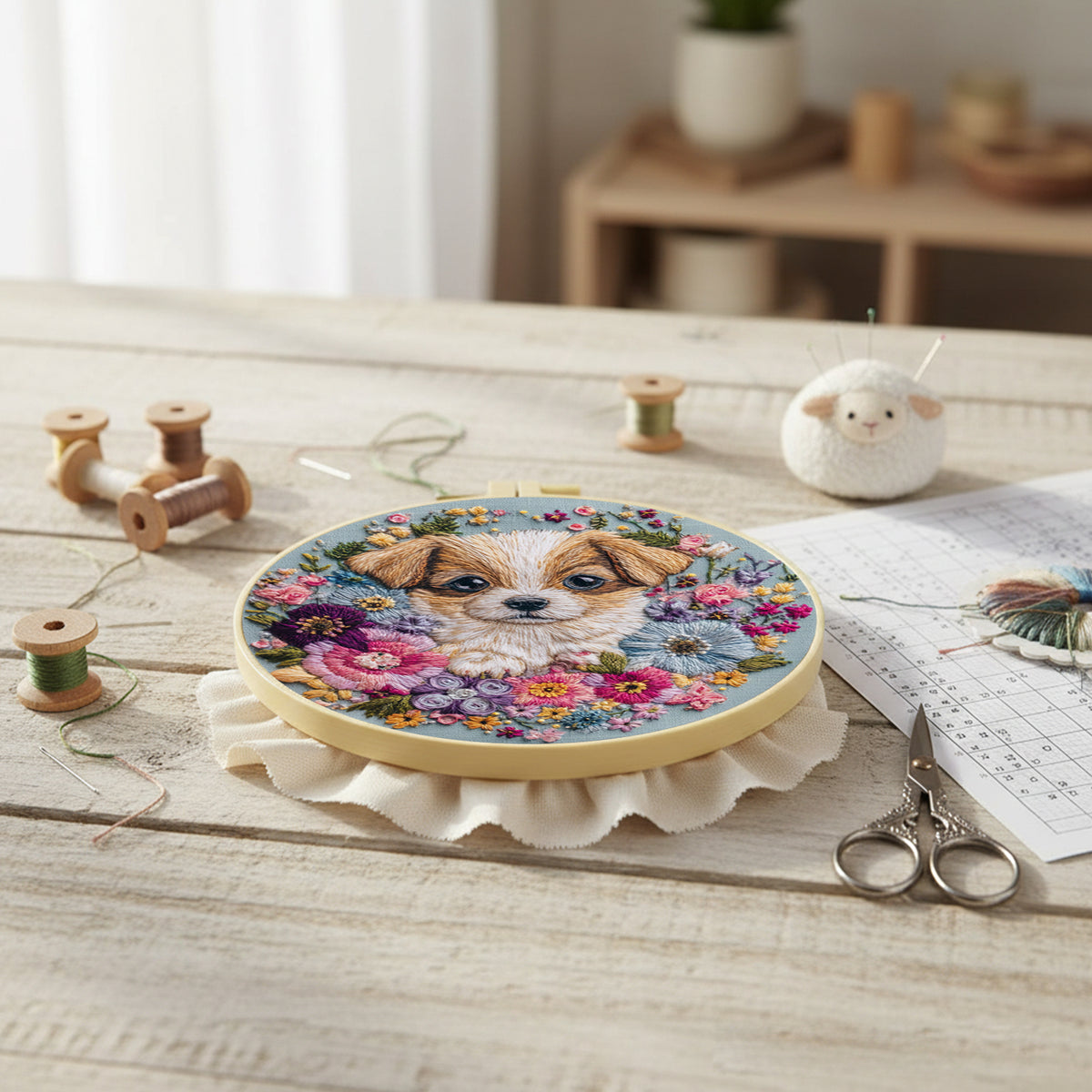 Bloom Puppy - DIY Embroidery Cross Stitch Kit with Pattern Cotton Threads Needles Hoop 30×30CM/11.81×11.81in