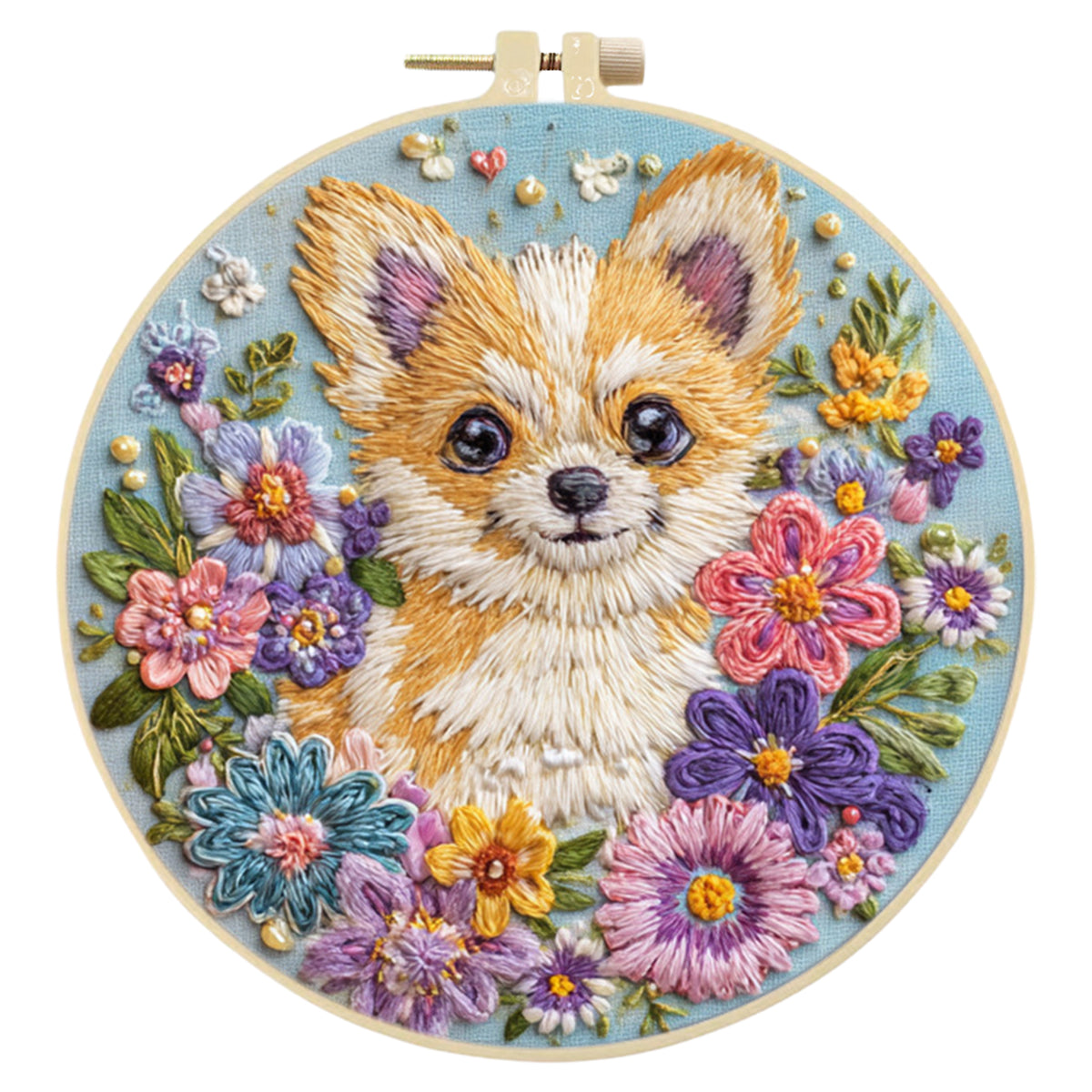 Floral Chihuahua - DIY Embroidery Cross Stitch Kit with Pattern Cotton Threads Needles Hoop 30×30CM/11.81×11.81in