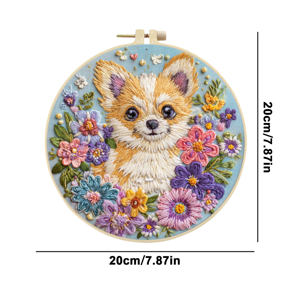 Floral Chihuahua - DIY Embroidery Cross Stitch Kit with Pattern Cotton Threads Needles Hoop 30×30CM/11.81×11.81in